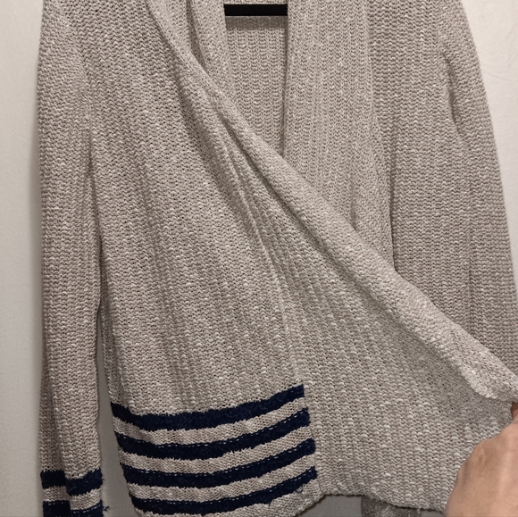 Womens L Coldwater Creek crochet cream navy blue open cardigan sweater boho com - Picture 2 of 8